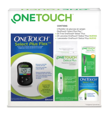 OneTouch Select Plus Flex Medidor de Glucosa en Sangre + 25Tiras Reactivas + 25 Lancetas y Puncionador