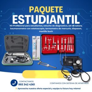 Paquete estudiantil Estuche de diagnostico completo, martillo buck, set de sutura, baumanometro con estetoscopio, termómetro de mercuio, diapasón, efigmanometro con estetoscopio