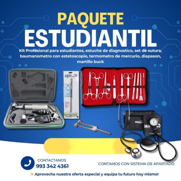 Paquete estudiantil Estuche de diagnostico completo, martillo buck, set de sutura, baumanometro con estetoscopio, termómetro de mercuio, diapasón, efigmanometro con estetoscopio